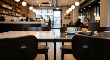 Warm Coffee and Muffin on a Table in a Bustling Modern Cafe Interior