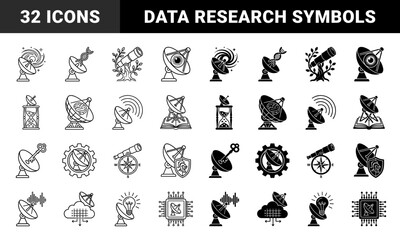 Fototapeta premium Hybrid satellite dish and parabolic antenna icons merged with scientific symbols like dna strands telescopes hourglasses brains and lightbulbs