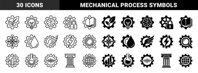 Naklejka premium Symmetric hybrid gear icons merging industrial mechanical cogs with organic leaves brain lightbulb book compass water drop and architectural pillars