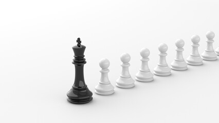 Leadership concept, black king of chess, standing out from the crowd of white pawns, on white background. 3D Rendering