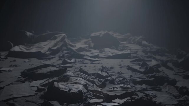 moody 4k cinematic shot dim abandoned space scattered broken objects fragments ground faint light revealing haunting beauty decay quiet story forgotten places