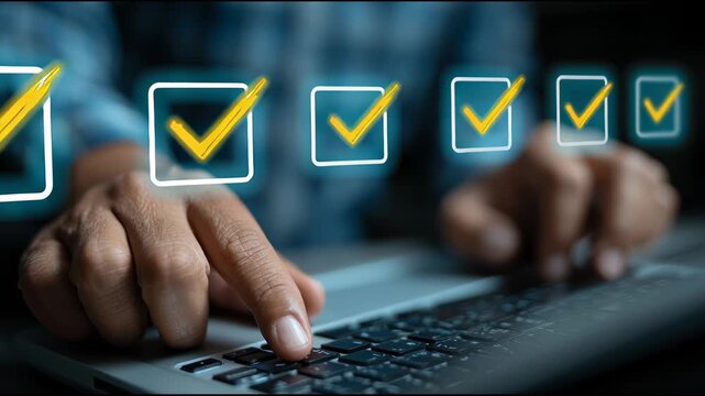 Hands interact with keyboard while checking off items on a checklist for risk management and safety at a workstation in the evening.