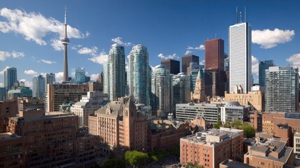 Obraz premium Cityscape of modern skyscrapers and structures under a clear blue sky