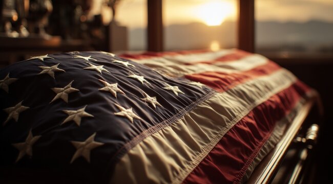 Sunset Tribute: American Flag Draped Over Casket in Reflection and Honor