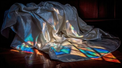 Naklejka premium Draped lustrous fabric catches brilliant spectral light patterns on a dark wood surface