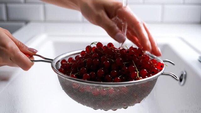Person pouring fresh red currants into a strainer over sink