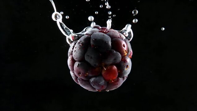 Ultra slow motion 4K capture of berries rotating with water splashes on a black background filmed at for cinematic effect emphasizing motion texture and fresh fruit beauty for culinary or lifestyle