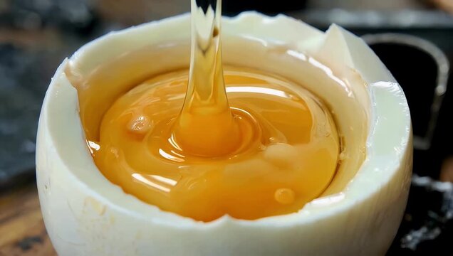 | Macro 4K slow motion footage of a whole egg yolk separating from the egg white as it slips from a halved shell perfect for cooking food preparation and educational content