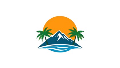 Obraz premium Tropical Island Paradise Logo Design with Mountain, Palm Trees, and Sun.