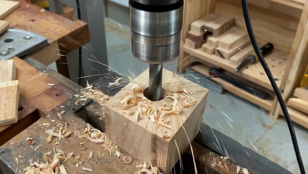 A detailed 4K close up of a metal drill bit carving into a wooden block inside a workshop showcasing real woodworking craftsmanship precision drilling and the natural texture of wood during hands on