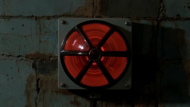 A dramatic high quality 4K close up of a rotating red emergency siren lamp mounted on the wall of a dark room clearly signifying an emergency signal on the wall potentially within a bomb shelter