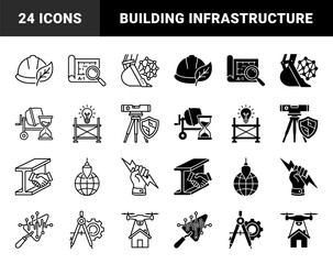 Obraz premium Construction and Engineering Hybrid Icons Featuring Sustainable Building Tools Infrastructure Planning and Smart Architectural Development Symbols in Dual Line and Solid Styles