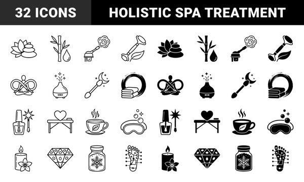 Wellness and holistic spa therapy symbols featuring hybrid designs of lotus flowers zen stones essential oil diffusers and reflexology charts in linear and solid styles