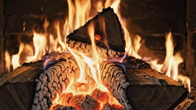 Cozy fireplace flames burning logs creating warmth and a relaxing ambience with sparks flying against a dark background