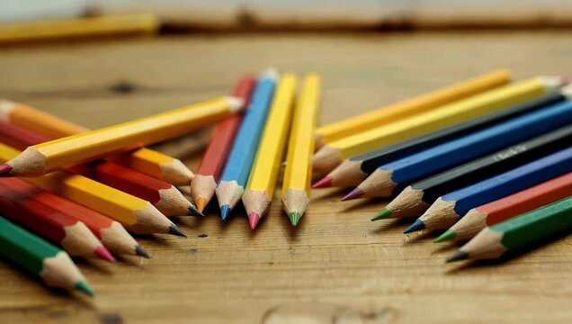 Engaging 4K stop motion animation where numerous pencils move and roll dynamically across a textured wooden table incorporating a designated empty area for inserting a customized message text or