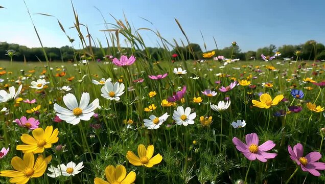 Cinematic 4K footage of a vast field filled with colorful wildflowers swaying gently under the warm sunlight highlighting the beauty of nature in full bloom and offering immersive and visually rich