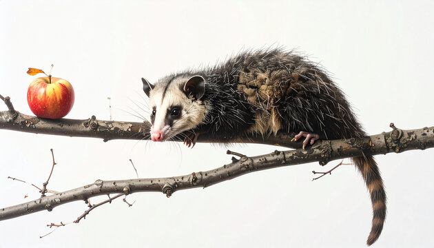 Curious opossum on a natural tree branch looking at a ripe red apple studio shot on a clean white background.