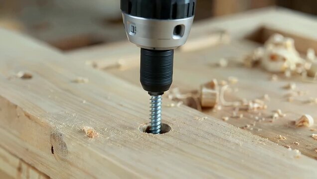 Practical 4K close up demonstrating the action of an electric screwdriver being used to successfully screw a self tapping screw into a thick wooden plank highlighting the process of using the