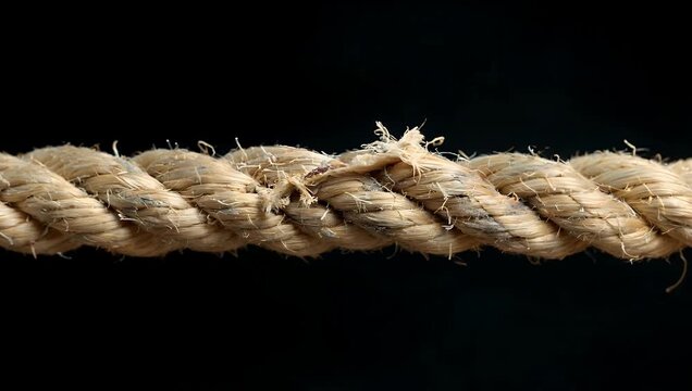 Intense 4K close up of a thick frayed rope jute or hemp on the absolute verge of snapping visually emphasizing the extreme tension and stress in the individual fibers as they pull apart against a