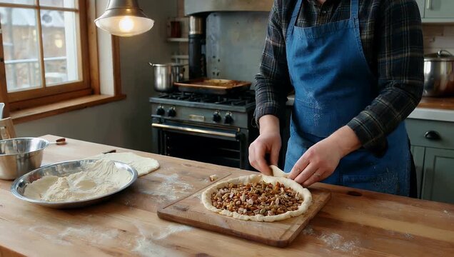 4K cinematic footage of baking a pecan pie in a rustic kitchen using a century old recipe loaded with crunchy pecans and homemade crust capturing the process texture and warm inviting atmosphere of