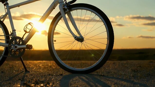 Cinematic 4K footage of golden sunbeams streaming through bicycle wheels and spokes during sunset evoking a sense of travel active lifestyle adventure and serene outdoor motion with natural lighting