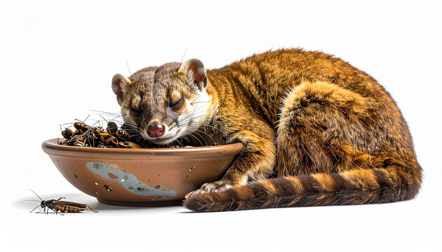 Sleeping binturong a furry bearcat resting peacefully with its head on a brown bowl filled with various insects isolated on a clean white background.