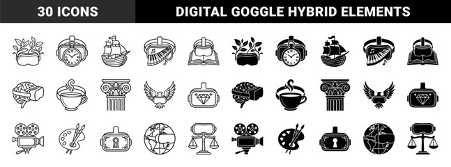 Obraz premium Hybrid virtual reality headset symbols merging digital goggles with organic nature music education law and classical architecture elements