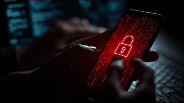 Hands hold a phone displaying a warning with a lock symbol, suggesting a need for caution with mobile security measures.