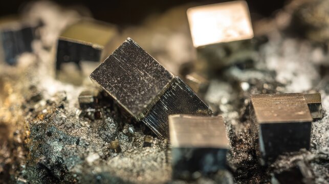 Macro of pyrite cubes (Fool's Gold), perfect metallic geometric squares embedded in rock, natural shine