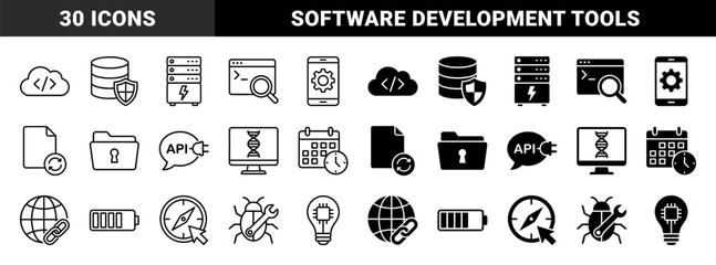 Fototapeta premium Hybrid digital infrastructure and software development symbols featuring cloud coding database protection and system monitoring in outline and solid styles