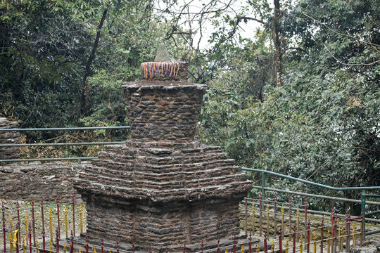 The Rabdentse Ruins in Pelling, Sikkim. An ancient stone ruins with steps and weathered brick walls, historic archaeological site.