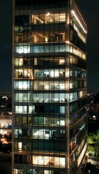 Time lapse 4K footage of glowing windows illuminating multi story modern office building made of glass metal as night falls over the 