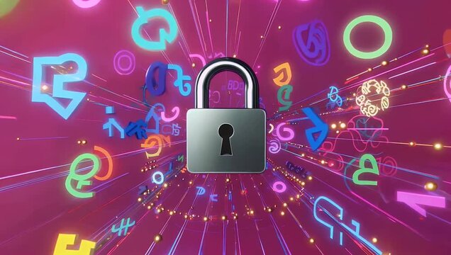 Clean modern 4K animation illustrating digital network of connections shifting symbols layered with security padlock icon on pink background representing cybersecurity data protection online 