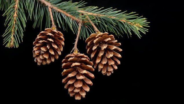Elegant ultra HD 4K time lapse of pine cones slowly opening on natural pine branch isolated against black background revealing organic movement seasonal change botanical 