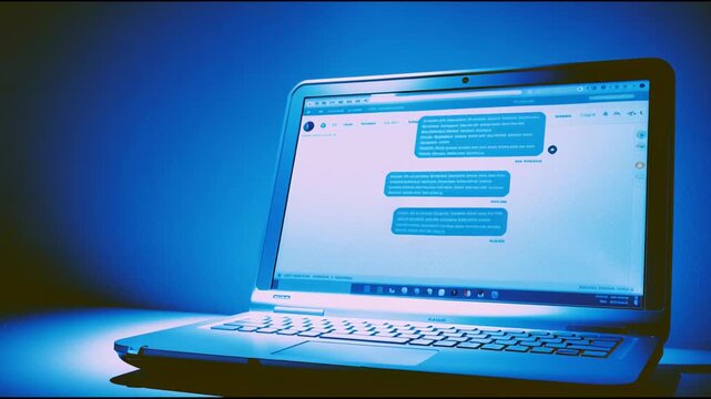 A laptop screen shows heavily redacted chat messages in a dark room, raising questions about the content and meaning behind the redactions present