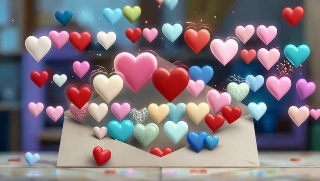 Romantic 4K stop motion animation showing bright colorful hearts emerging from an open envelope celebratory mood love message concept playful motion cheerful greeting 