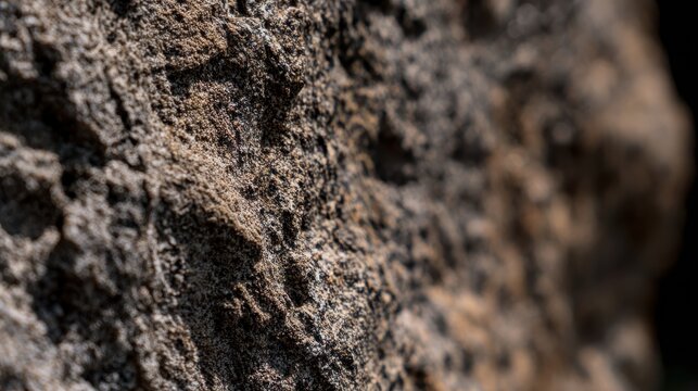 Macro of rough stone texture in harsh side light, emphasizing rugged topography and deep shadows