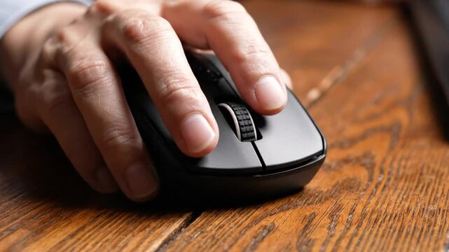 Close up view of hand scrolling on a black computer mouse on a wooden desk with office work concept