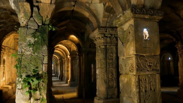 Cinematic 4K footage of an ancient medieval crypt featuring stone columns arches warm lighting historic atmosphere suitable architecture history museum stock 