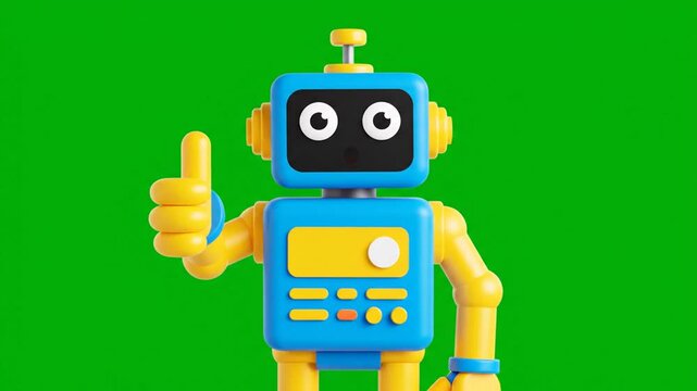 A 3D rendered, friendly robot with a blue body and yellow limbs gives a thumbs up on a green background. The robot has a smiling face