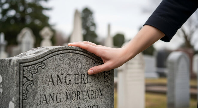 Hand Gently Touching Gravestone in Cemetery