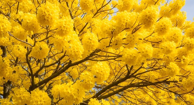 A close-up view of the yellow flowers of a tree in full bloom, showcasing the beauty of nature
