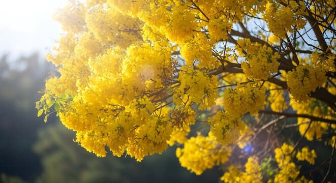 A bright yellow blooming tree under the sunshine. The flowers are clustered and abundant, creating a vibrant display of nature's beauty