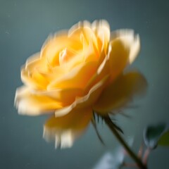 Fototapeta premium A beautiful close-up shot of a vibrant yellow rose, showcasing its delicate petals and a soft, blurred effect. This photo captures the elegance of a single flower against a subtle background.