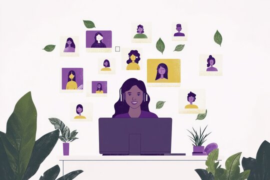 Online team meeting, virtual collaboration, remote work, diverse group, plant backdrop