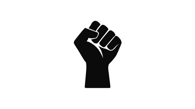 A simple, black and white illustration of a clenched fist raised upward against a stark white background