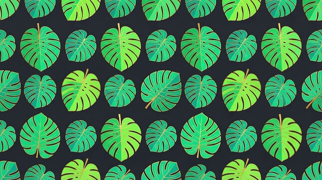 Vibrant tropical leaves pattern on dark background viewed from directly above