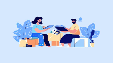 Obraz premium Couple discussing home purchase documents with boxes and plants in flat minimalist style concept of real estate investment and mortgage planning together at home
