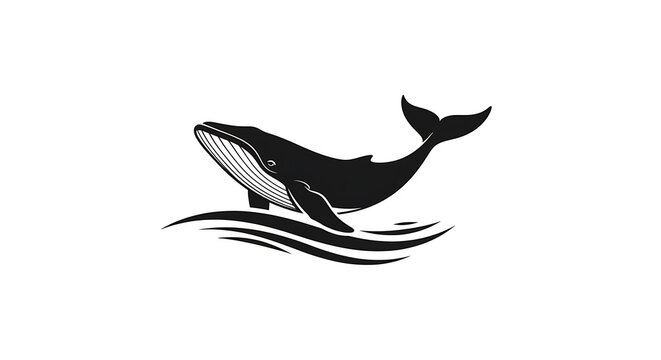 Black whale swimming in ocean waves.