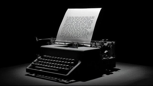 A typewriter sits in a dark room with a sheet of paper as words come into focus. It shows the creative process involved in writing.